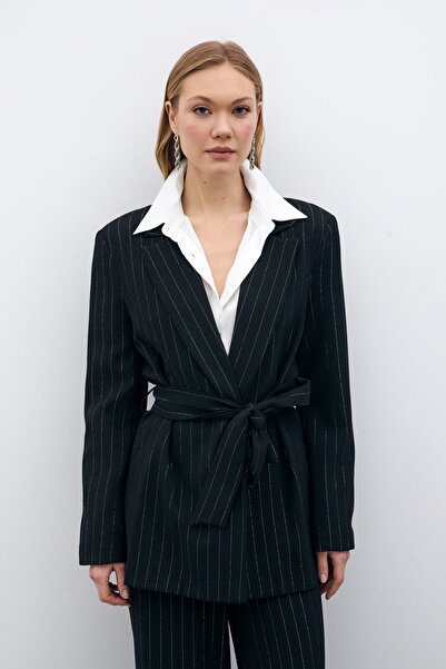 Sateen Glitter Striped Belted Jacket - Black Striped