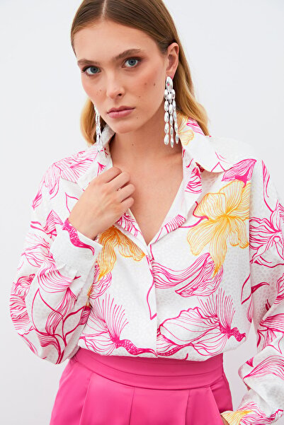 Sateen Renkli Desenli Salaş Gömlek - Fuşya