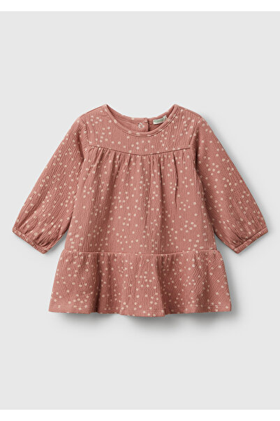 United Colors of Benetton Baby Dusty Rose All over Patterned Round Neck Flounce Dress with Logo Label