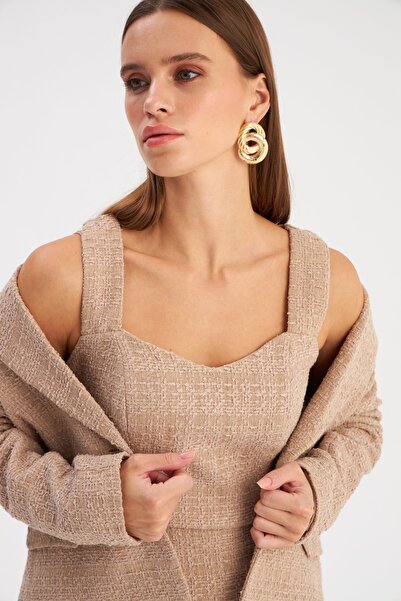 Sateen Bluză Crop din Tweed Bej - Bretele