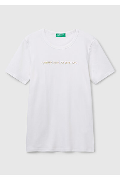 United Colors of Benetton Γυναικείο λευκό μπλουζάκι Benetton Written Basic από 100% βαμβάκι