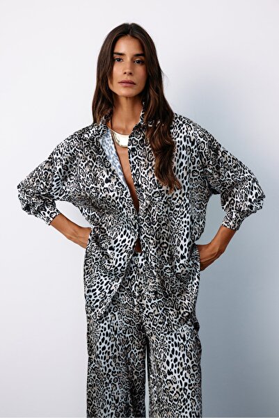 Sateen Casual Leopard Shirt - Ecru