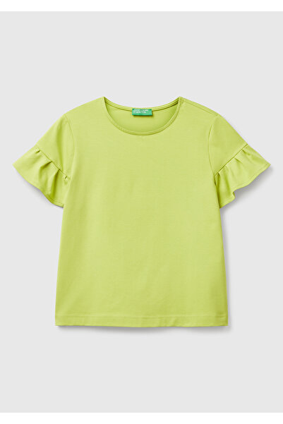 United Colors of Benetton Γυναικείο ανοιχτό πράσινο μπλουζάκι από βαμβακερό μείγμα με λεπτομέρεια με βολάν στα μανίκια