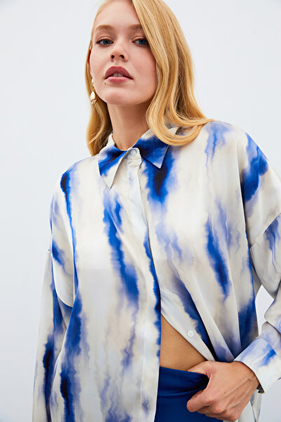 Sateen Geniş Desenli Gömlek - SAX MAVİ