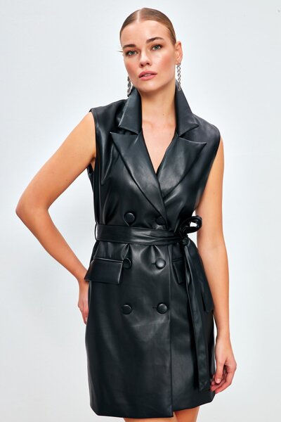 Sateen Μαύρο Δερμάτινο Γιλέκο Φόρεμα - Ζώνη