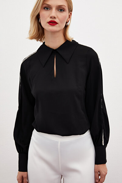 Sateen Kolları İnci Detaylı Bluz - SİYAH