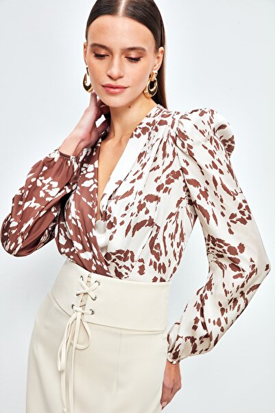 Sateen Desenli Kruvaze Bodysuit Bluz - Kahve
