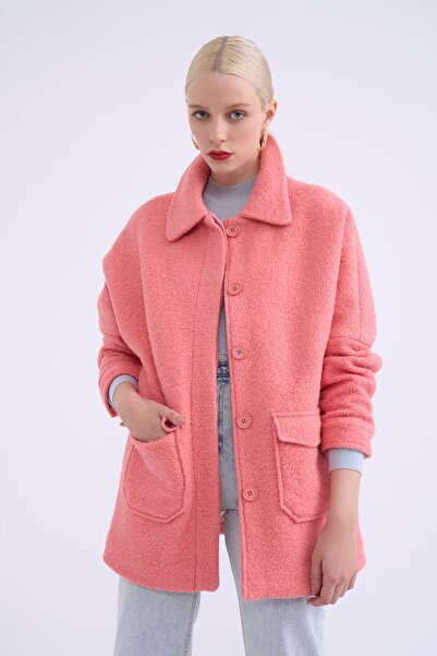 Sateen Pocket Detailed Boucle Coat - Powder