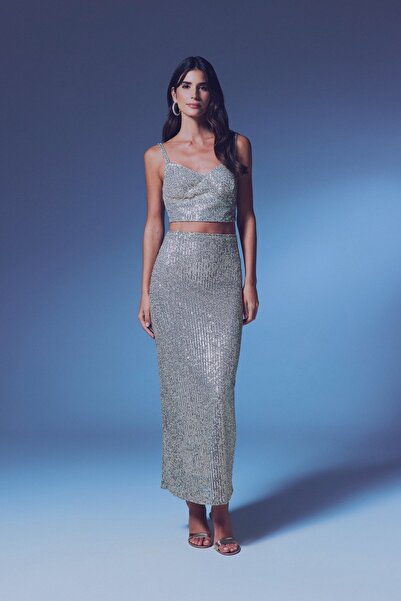 Sateen تنورة طويلة مطرزة باللون البيج