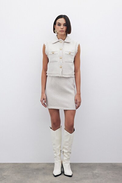 Sateen Simli Mini Tüvit Etek - Taş