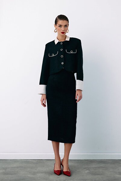 Sateen Süs Düğmeli Tüvit Kalem Etek - SİYAH