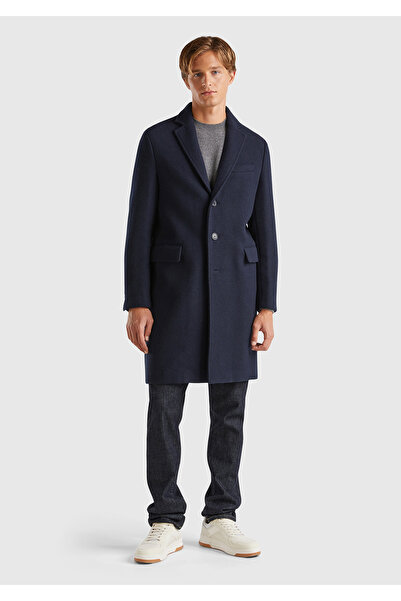 United Colors of Benetton Men's Navy Blue Pocket Detailed Three Button Swallow Collar Coat