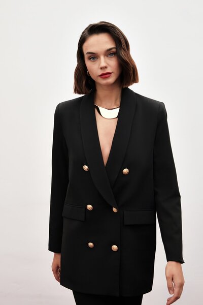 Sateen Button Detailed Double Breasted Jacket - Black