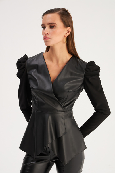 Sateen Bluză cu detaliu din piele - Negru
