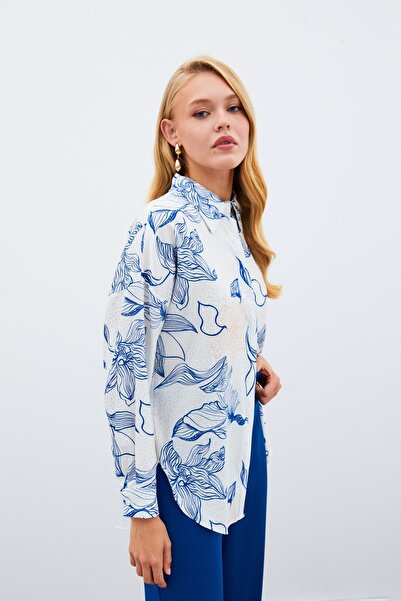 Sateen Renkli Desenli Salaş Gömlek - SAX MAVİ