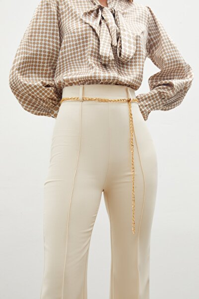 Sateen Zincir Kemer Ispanyol Paça Pantolon - Bej