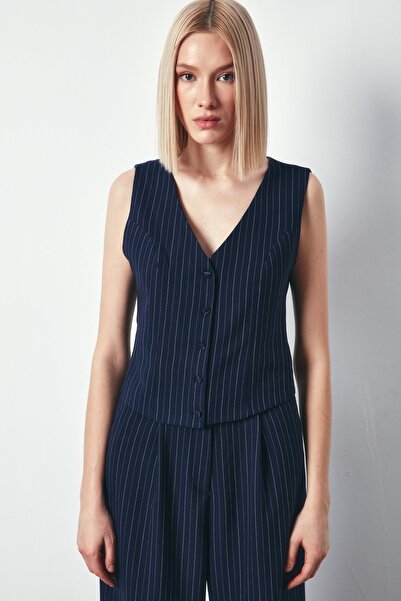 Sateen Düğmeli Yelek - LACİVERT