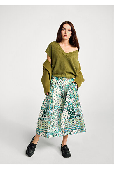 United Colors of Benetton Kadın Açık Yeşil %100 Pamuk Desenli Beli Lastikli Cepli Poplin Etek