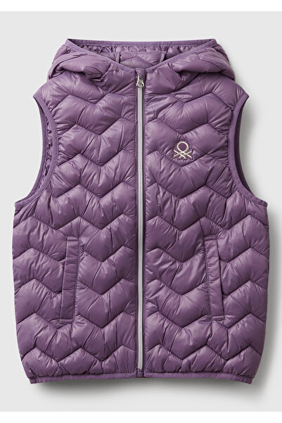 United Colors of Benetton Kız Çocuk Mor Simli Logo Detaylı Kapüşonlu Yelek