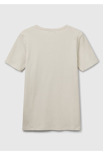 United Colors of Benetton Γυναικείο μπλουζάκι κρεμ 100% βασικό κοντομάνικο με λαιμόκοψη