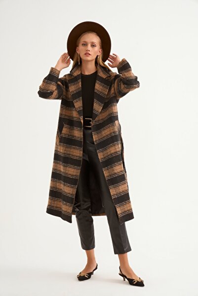 Sateen Παλτό με καρό σχέδιο με ζώνη - Μαύρο-Καμηλό