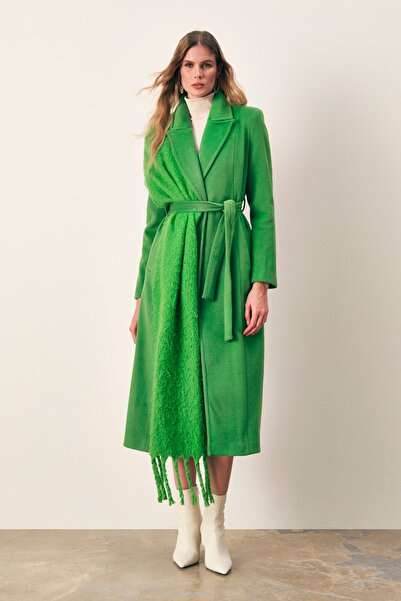 Sateen Palton lung cu curea - verde