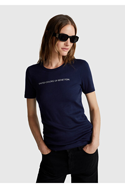 United Colors of Benetton Tricou simplu bleumarin pentru femei, 100% bumbac, ...