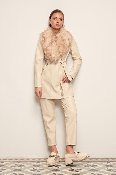 Sateen Δερμάτινο παντελόνι με πλισέ - Πέτρα