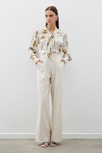 Sateen Fularlı Çiçek Desenli Gömlek - HAKİ