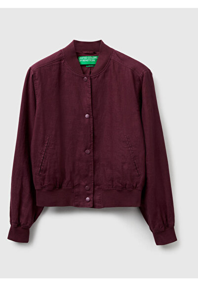 United Colors of Benetton Women's Plum 100% Linen Bomber Jacket