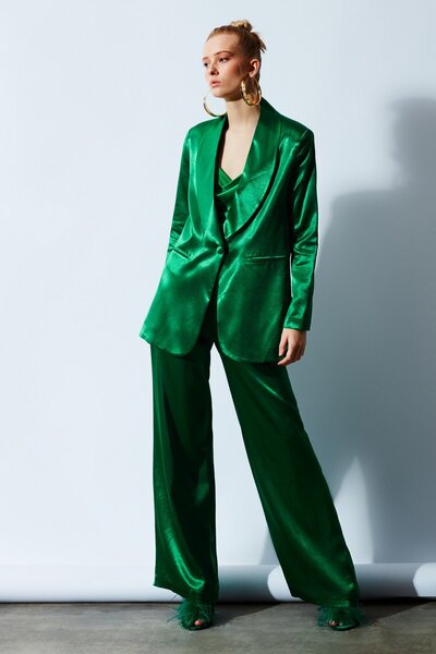 Sateen High Waist Satin Trousers - Emerald