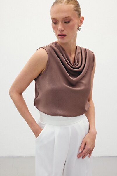 Sateen Degaje Yaka Saten Bluz - Kahve