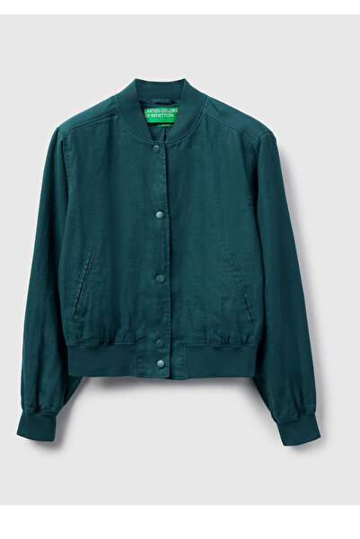 United Colors of Benetton Women's Dark Green 100% Linen Bomber Jacket