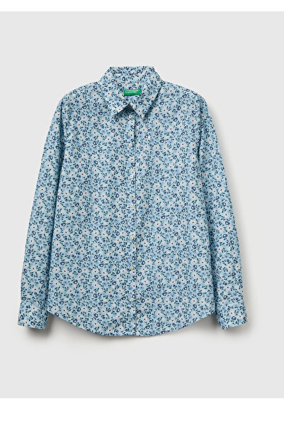 United Colors of Benetton Kadın Mavi Mix %100 Pamuk Desenli Regular Fit Gömlek