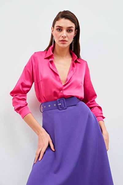 Sateen بلوزة بياقة قميص من الساتان - فوشيا