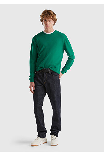United Colors of Benetton Ανδρικό πράσινο πουλόβερ με λαιμόκοψη 100% Merino