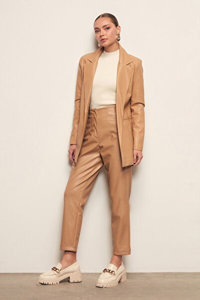 Sateen Πλισέ Δερμάτινο Παντελόνι - Μπεζ