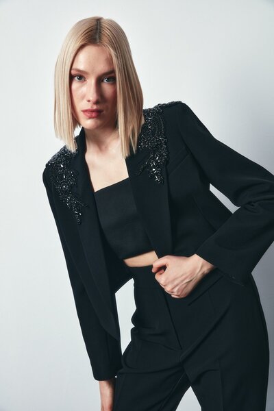 Sateen Black Short Jacket - Shoulder Accessory