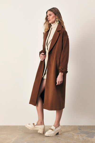 Sateen Kol Kemer Detaylı Salaş Kaban - Kahve