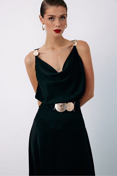 Sateen Casual Blouse with Shoulder Accessory - Black