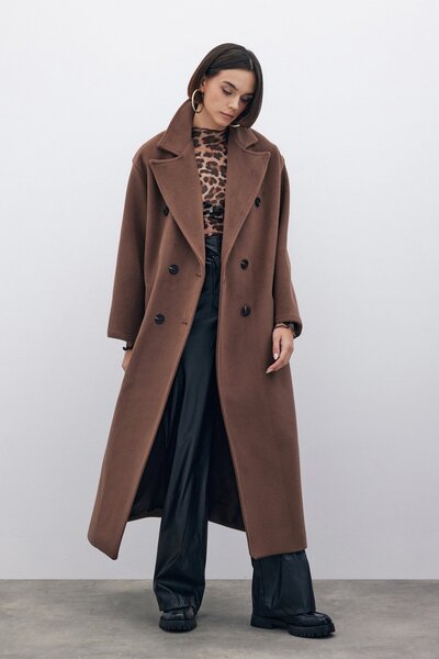 Sateen Kruvaze Uzun Kaban - Kahve