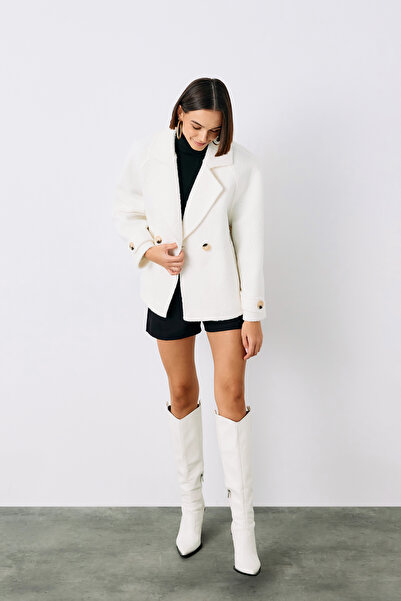 Sateen Buklet Kısa Kaban - Ekru