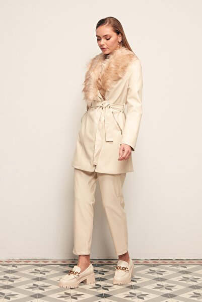 Sateen Δερμάτινο παντελόνι με πλισέ - Πέτρα