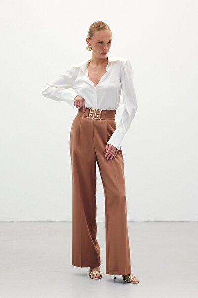 Sateen Παντελόνι Loose Leg με Αξεσουάρ μέσης - Camel
