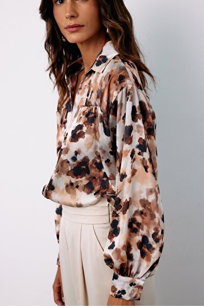 Sateen Floral Patterned Shirt - Brown