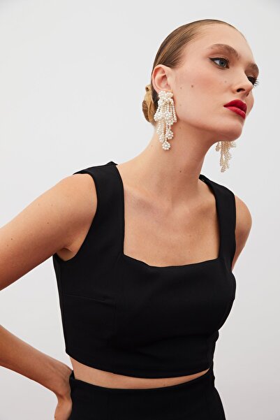Sateen Kare Yaka Crop Bluz - SİYAH