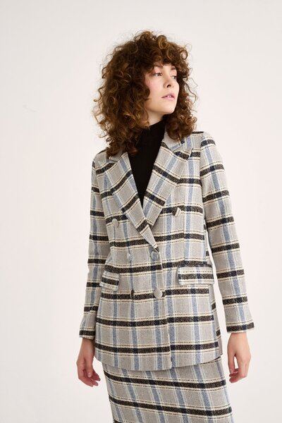 Sateen Jachetă în carouri cu detaliu cu nasturi - Albastru