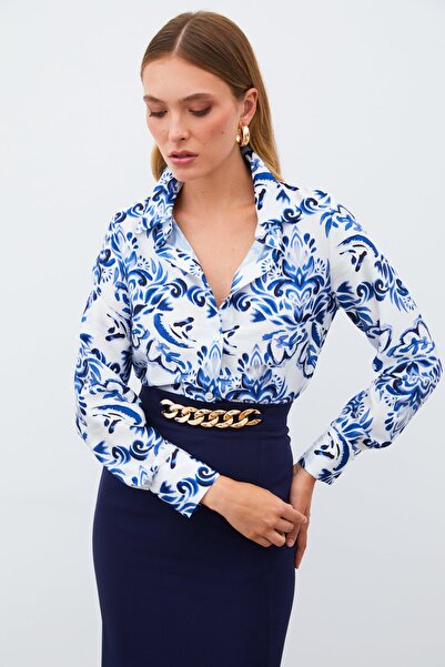 Sateen Çiçek Desenli Gömlek - SAX MAVİ