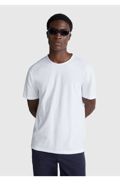 United Colors of Benetton Tricou bărbătesc alb cu guler rotund și flambat