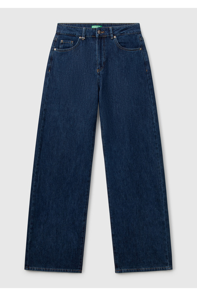 United Colors of Benetton Women's Dark Blue 100% Cotton Label Detailed Wide Leg Denim Trousers